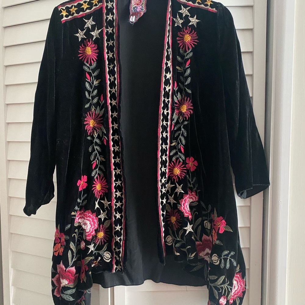 Johnny Was Black Velvet Kimono with Floral Embroidery